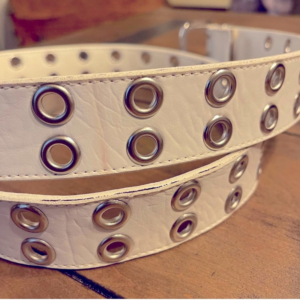 White Double Rivet Belt with Silver Buckle